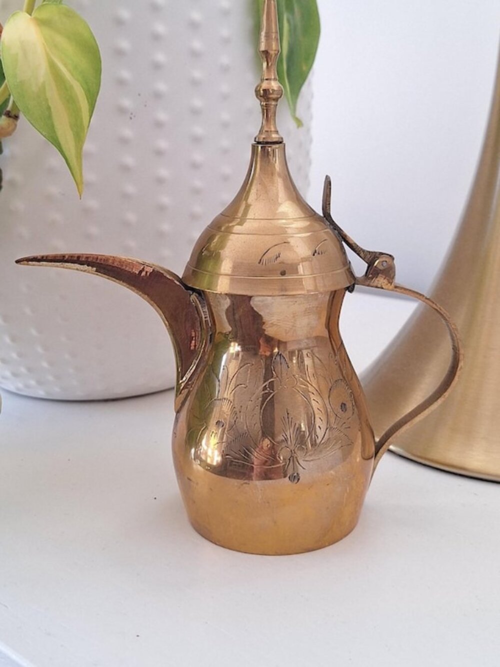 Vintage Brass plant watering can small - Etched small Dallah / creamer dish